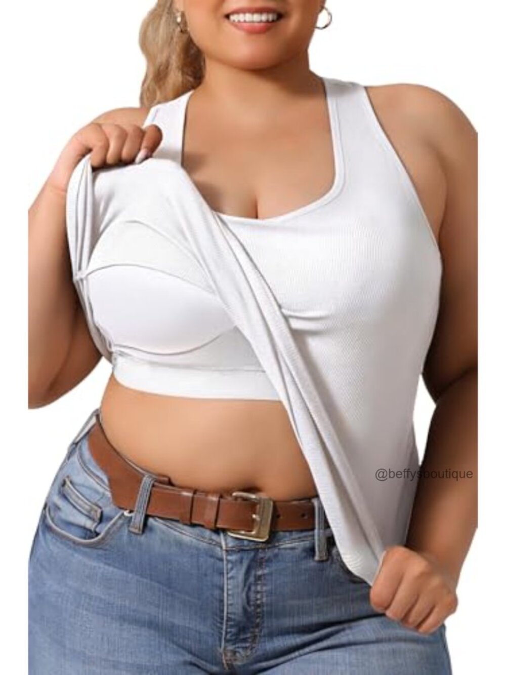 Plus Size Racerback Tank Top with Built-in Bra Curved Hem Ribbed Sleeveless